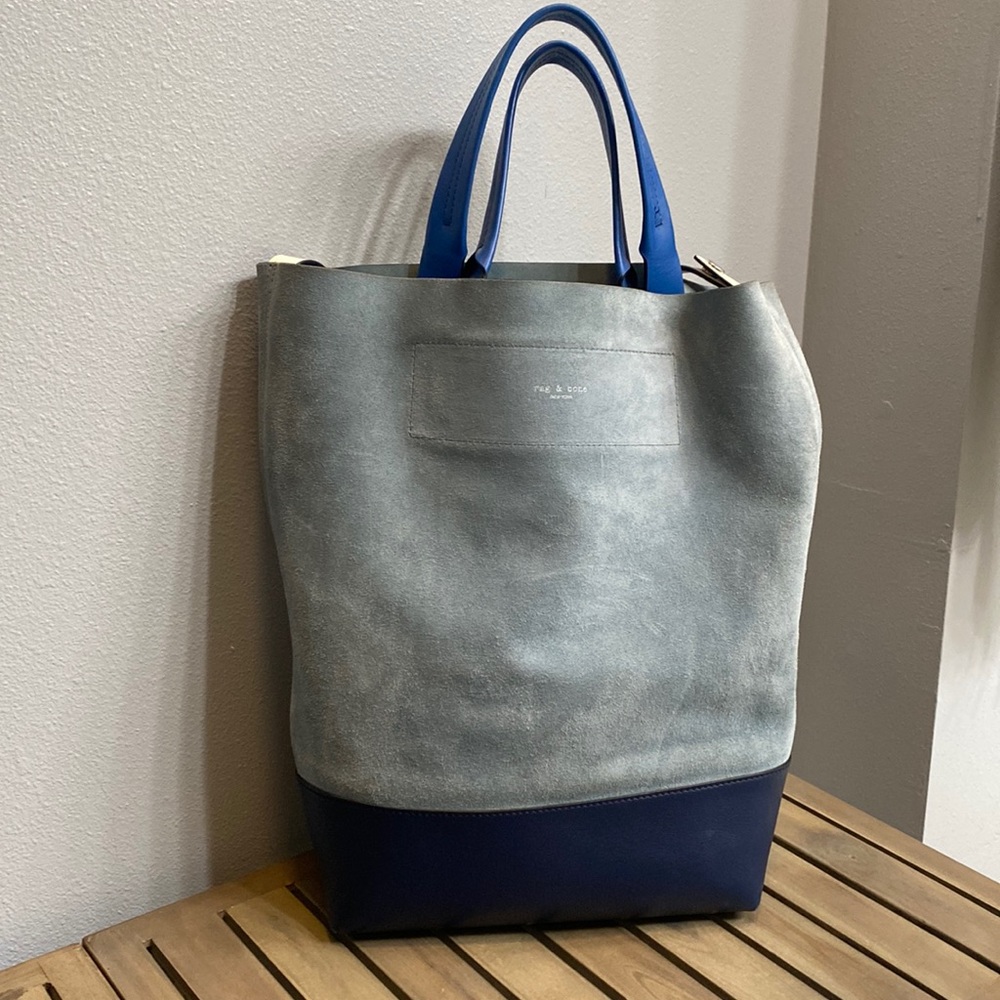Rag and Bone Walker Sling Tote Bag in shades of blue suede and leather